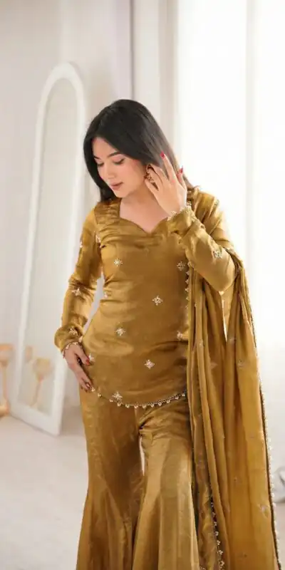 ZSR 3159 Mustered Fendy Silk Salwar Suitwith Embroidery Work & Lace Work. Now at just ₹2049. Delivery 4-6 Working Days. Shop now. | Jump Suits, Salwar suit, Casual Suits, Creative suits, Designer Suits, Palazzo Suits, Party Wear Suits, Patiala Suits, Straight Suits