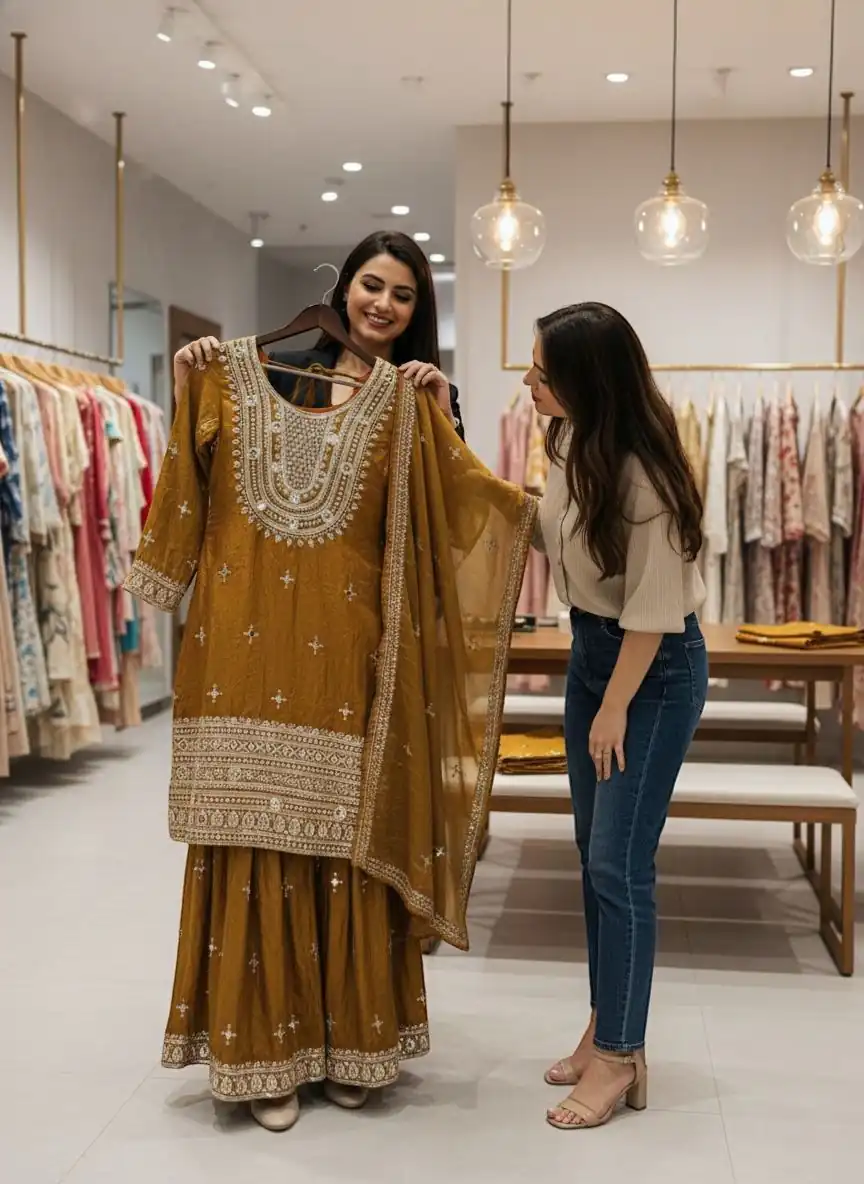 Mustered Fendy Silk Mirror Embroider Work Salwar Suit - Image 5