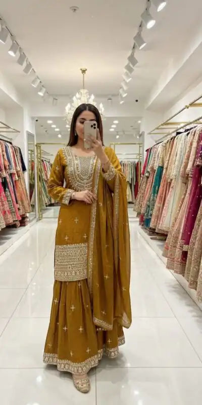 Mustered Fendy Silk Mirror Embroider Work Salwar Suit