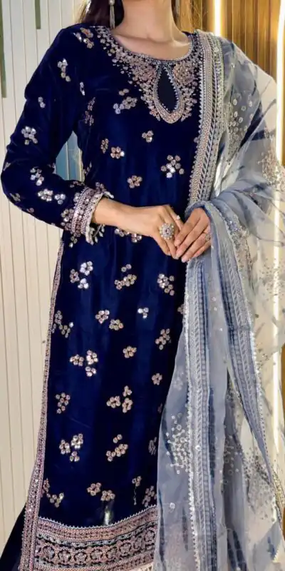 Navy Blue 9000 Velvet Embroidery Lace Work Salwar Suit