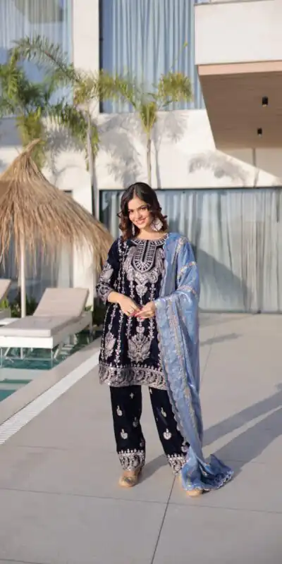 Navy Blue 9000 Velvet Zari Embroidery Work Salwar Suit