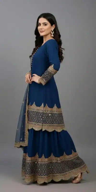 ZF 250 Navy Blue Color Faux Georgette Embroidery Sequence Work Sharara Suit Wedding, Party, Festive, Events Etc. Expected Delivery 4-6 Working Days @2099/- | Jump Suits, Salwar suit, Casual Suits, Creative suits, Designer Suits, Palazzo Suits, Party Wear Suits, Patiala Suits, Straight Suits