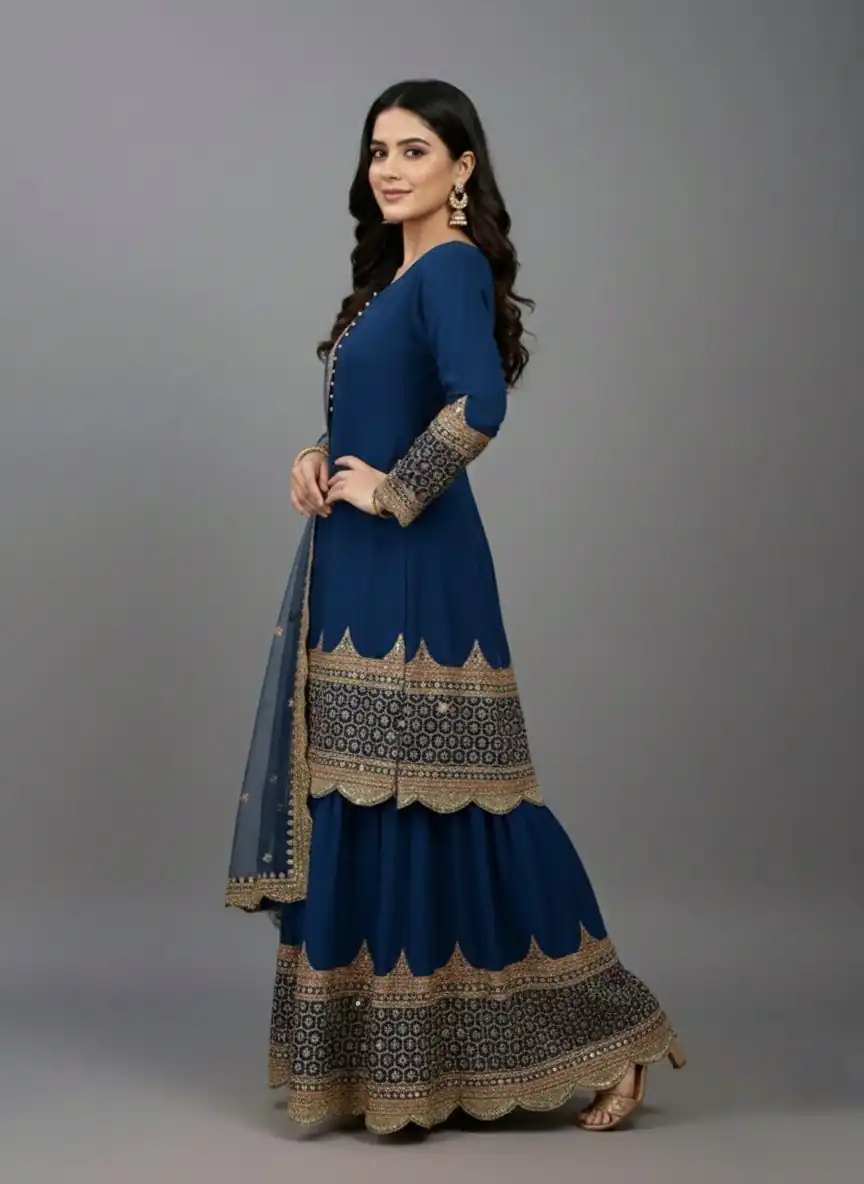 ZF 250 Navy Blue Color Faux Georgette Embroidery Sequence Work Sharara Suit Wedding, Party, Festive, Events Etc. Expected Delivery 4-6 Working Days @2099/- | Jump Suits, Salwar suit, Casual Suits, Creative suits, Designer Suits, Palazzo Suits, Party Wear Suits, Patiala Suits, Straight Suits