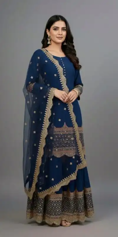 ZF 250 Navy Blue Color Faux Georgette Embroidery Sequence Work Sharara Suit Wedding, Party, Festive, Events Etc. Expected Delivery 4-6 Working Days @2099/- | Jump Suits, Salwar suit, Casual Suits, Creative suits, Designer Suits, Palazzo Suits, Party Wear Suits, Patiala Suits, Straight Suits