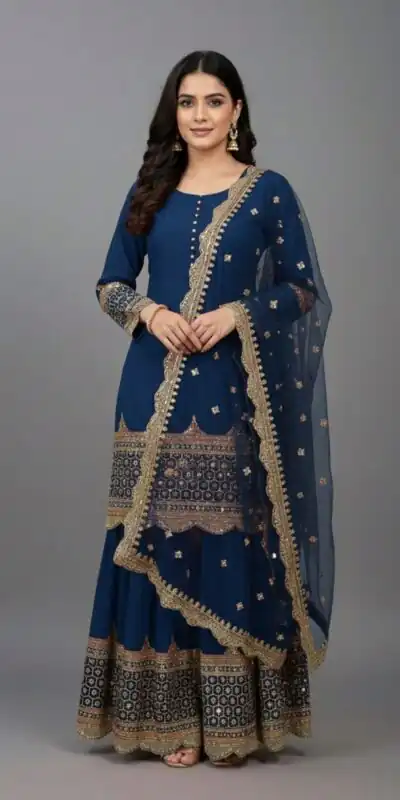 ZF 250 Navy Blue Color Faux Georgette Embroidery Sequence Work Sharara Suit Wedding, Party, Festive, Events Etc. Expected Delivery 4-6 Working Days @2099/- | Jump Suits, Salwar suit, Casual Suits, Creative suits, Designer Suits, Palazzo Suits, Party Wear Suits, Patiala Suits, Straight Suits