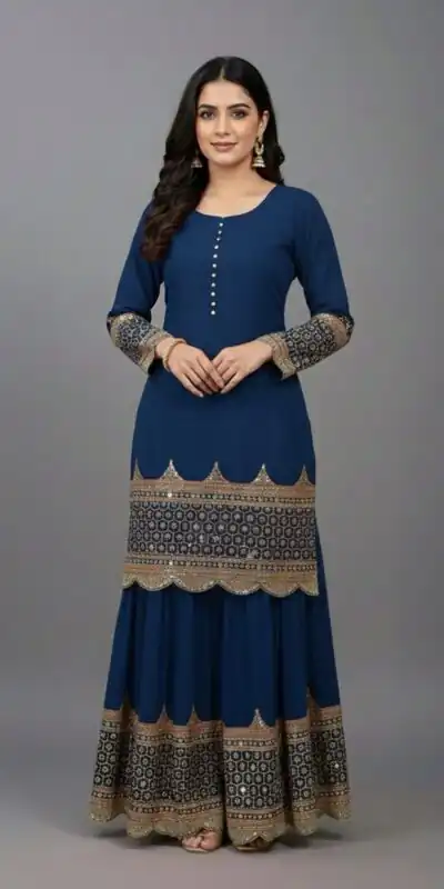 ZF 250 Navy Blue Color Faux Georgette Embroidery Sequence Work Sharara Suit Wedding, Party, Festive, Events Etc. Expected Delivery 4-6 Working Days @2099/- | Jump Suits, Salwar suit, Casual Suits, Creative suits, Designer Suits, Palazzo Suits, Party Wear Suits, Patiala Suits, Straight Suits