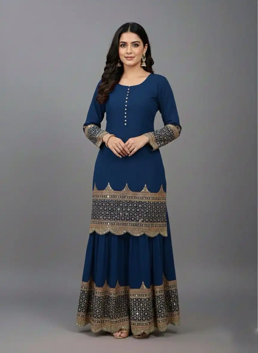 ZF 250 Navy Blue Color Faux Georgette Embroidery Sequence Work Sharara Suit Wedding, Party, Festive, Events Etc. Expected Delivery 4-6 Working Days @2099/- | Jump Suits, Salwar suit, Casual Suits, Creative suits, Designer Suits, Palazzo Suits, Party Wear Suits, Patiala Suits, Straight Suits