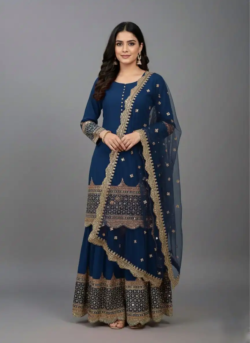 ZF 250 Navy Blue Color Faux Georgette Embroidery Sequence Work Sharara Suit Wedding, Party, Festive, Events Etc. Expected Delivery 4-6 Working Days @2099/- | Jump Suits, Salwar suit, Casual Suits, Creative suits, Designer Suits, Palazzo Suits, Party Wear Suits, Patiala Suits, Straight Suits