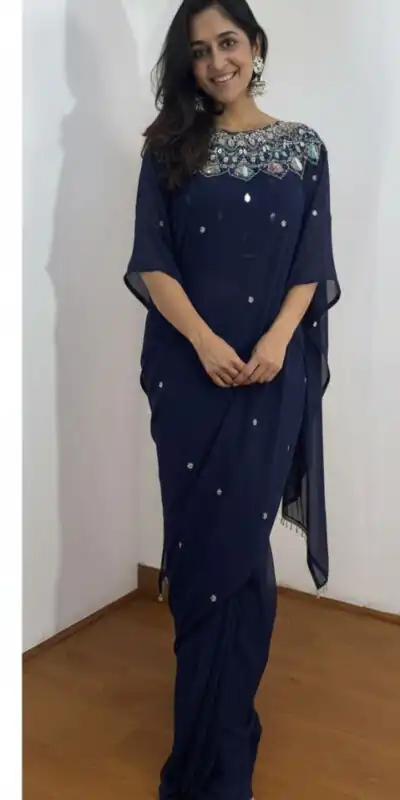 ST 1157 Navy Blue in Faux Georgette Mirror Work & Embroidery Work Saree. Festive Deal ₹1899. Delivery 4-6 Working Days. Shop now. | Designer Sarees, Sarees, Bollywood Sarees, Creative Sarees, Embroidered Sarees, Ethnic Saree, Modern Digital sarees, Party Wear Sarees