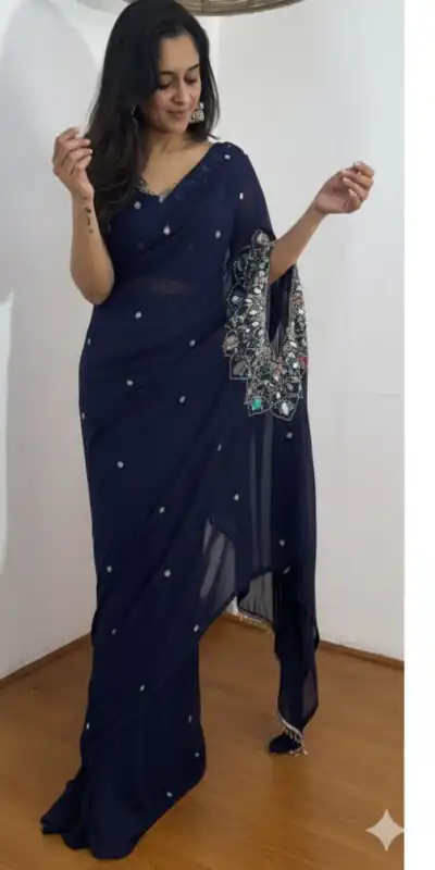 ST 1157 Navy Blue in Faux Georgette Mirror Work & Embroidery Work Saree. Festive Deal ₹1899. Delivery 4-6 Working Days. Shop now. | Designer Sarees, Sarees, Bollywood Sarees, Creative Sarees, Embroidered Sarees, Ethnic Saree, Modern Digital sarees, Party Wear Sarees