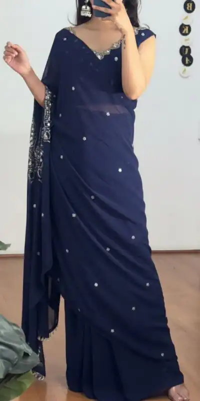 ST 1157 Navy Blue in Faux Georgette Mirror Work & Embroidery Work Saree. Festive Deal ₹1899. Delivery 4-6 Working Days. Shop now. | Designer Sarees, Sarees, Bollywood Sarees, Creative Sarees, Embroidered Sarees, Ethnic Saree, Modern Digital sarees, Party Wear Sarees