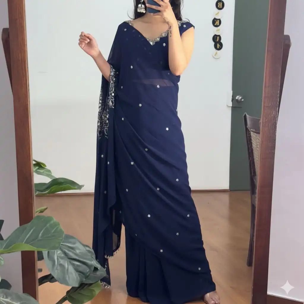 ST 1157 Navy Blue in Faux Georgette Mirror Work & Embroidery Work Saree. Festive Deal ₹1899. Delivery 4-6 Working Days. Shop now. | Designer Sarees, Sarees, Bollywood Sarees, Creative Sarees, Embroidered Sarees, Ethnic Saree, Modern Digital sarees, Party Wear Sarees