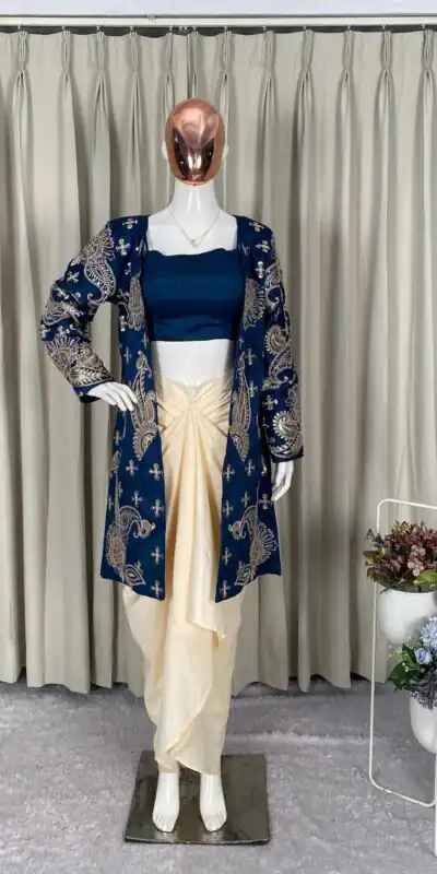 BE 450 Navy Blue French Crape Dhoti SuitPerfect for Wedding, Party, Makar Sankranti, Pongal, Anniversary – . Exclusive Offer ₹1999. Delivery 4-6 Working Da | Jump Suits, Salwar suit, Casual Suits, Creative suits, Designer Suits, Palazzo Suits, Party Wear Suits, Patiala Suits, Straight Suits