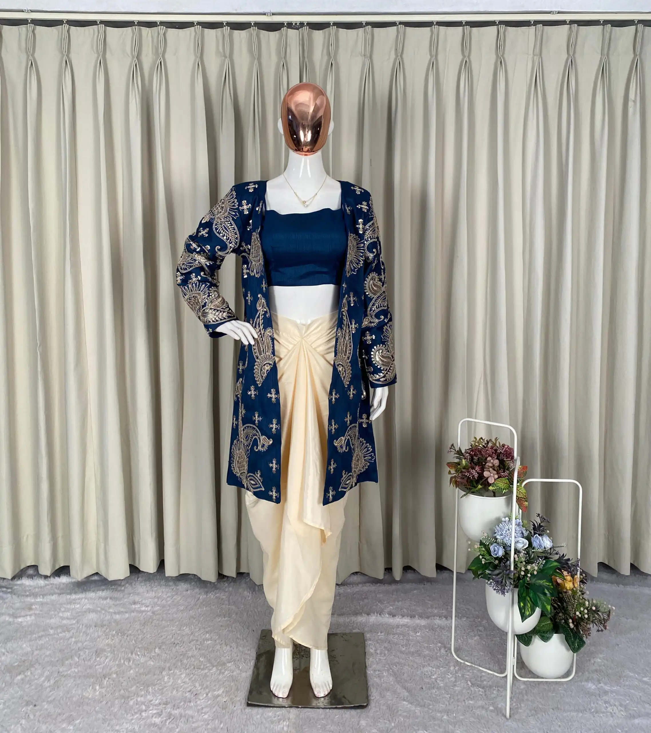 BE 450 Navy Blue French Crape Dhoti SuitPerfect for Wedding, Party, Makar Sankranti, Pongal, Anniversary – . Exclusive Offer ₹1999. Delivery 4-6 Working Da | Jump Suits, Salwar suit, Casual Suits, Creative suits, Designer Suits, Palazzo Suits, Party Wear Suits, Patiala Suits, Straight Suits