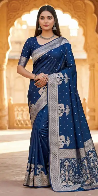 MB 25 GAJRAJ Navy Blue in Pure Banarasi Silk Zari Work & Lace Work Saree . Introductory Price ₹1899. Delivery 4-6 Working Days. Shop now. | Designer Sarees, Sarees, Bollywood Sarees, Creative Sarees, Embroidered Sarees, Ethnic Saree, Modern Digital sarees, Party Wear Sarees