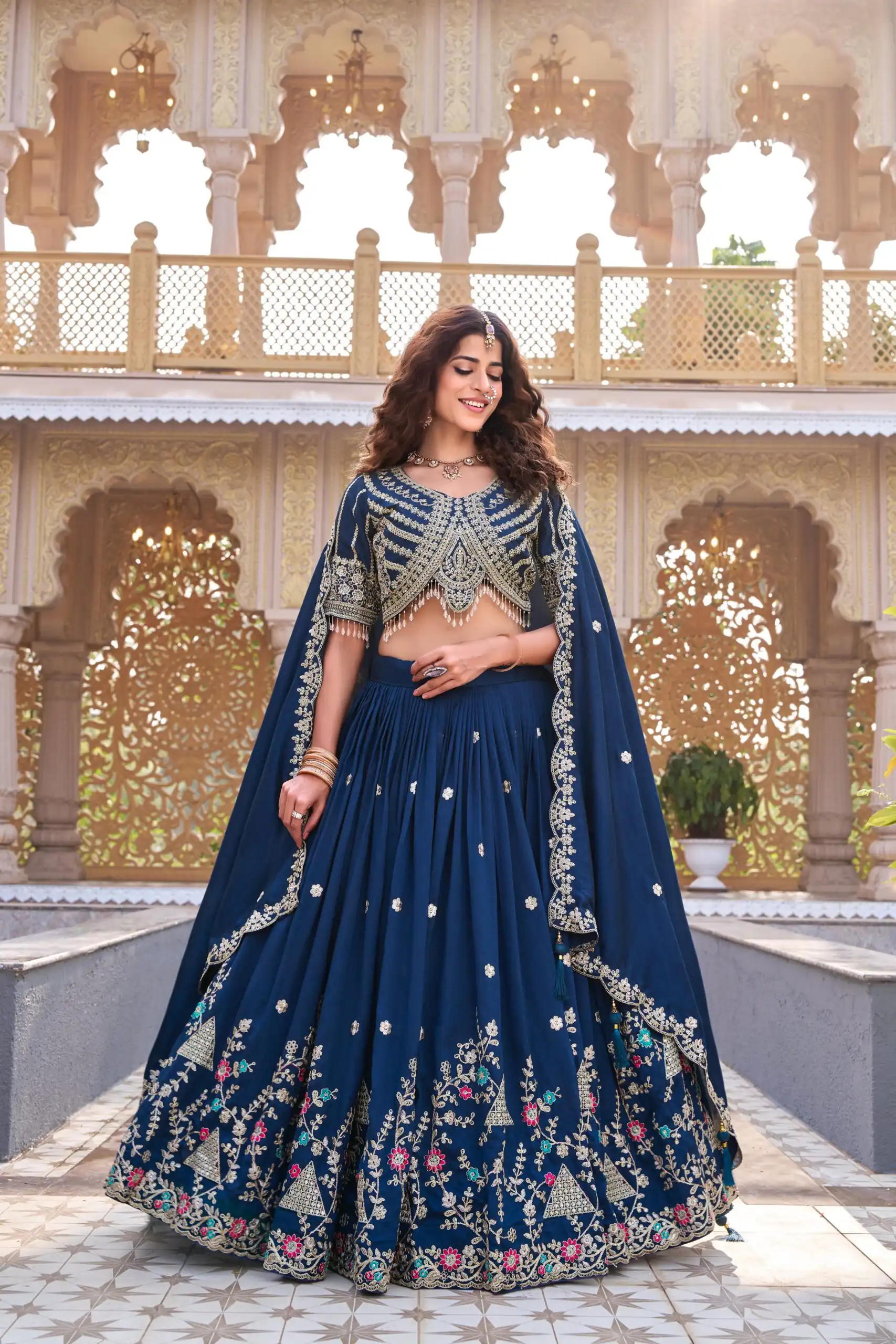 Navy Blue Vichitra Silk Thread Embroider Work Lehenga Choli - Image 4