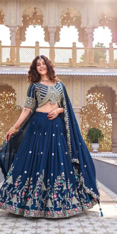 Navy Blue Vichitra Silk Thread Embroider Work Lehenga Choli