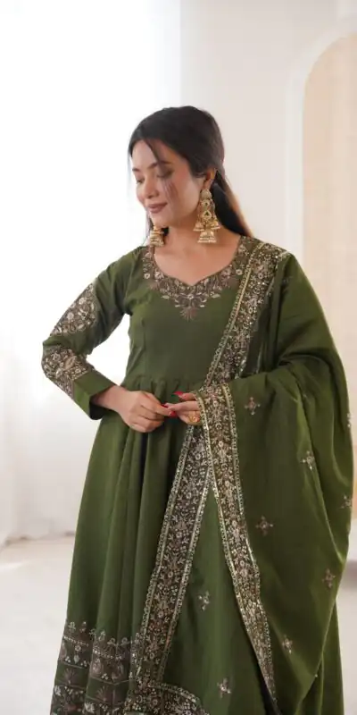 ZF 5016 Mehendi Roman Silk Gown with Embroidery Work. Wedding, Party, Festive, Events, Navratri, Exclusive Offer ₹2499. Delivery 4-6 Working Days. Shop now. | Gowns, Bollywood Gowns, Creative Gowns, Designer Gowns, Embroidered Gowns, Party Wear Gowns