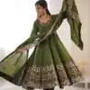 ZF 5016 Mehendi Roman Silk Gown with Embroidery Work. Wedding, Party, Festive, Events, Navratri, Exclusive Offer ₹2499. Delivery 4-6 Working Days. Shop now. | Gowns, Bollywood Gowns, Creative Gowns, Designer Gowns, Embroidered Gowns, Party Wear Gowns