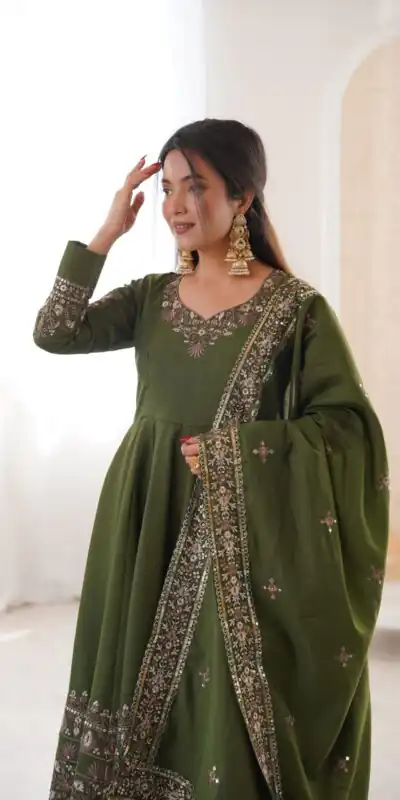 ZF 5016 Mehendi Roman Silk Gown with Embroidery Work. Wedding, Party, Festive, Events, Navratri, Exclusive Offer ₹2499. Delivery 4-6 Working Days. Shop now. | Gowns, Bollywood Gowns, Creative Gowns, Designer Gowns, Embroidered Gowns, Party Wear Gowns