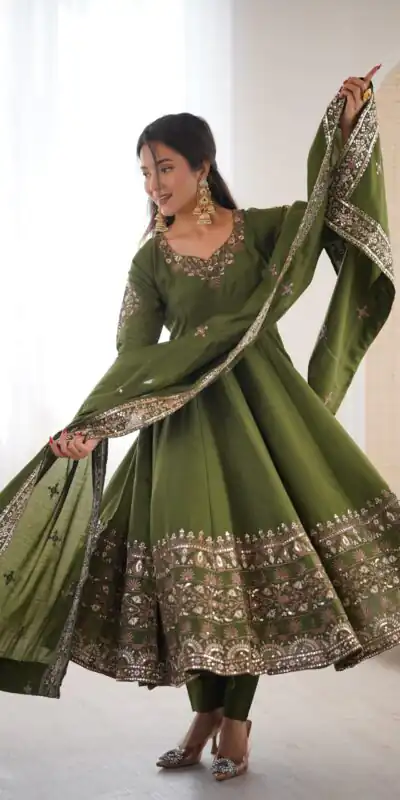 ZF 5016 Mehendi Roman Silk Gown with Embroidery Work. Wedding, Party, Festive, Events, Navratri, Exclusive Offer ₹2499. Delivery 4-6 Working Days. Shop now. | Gowns, Bollywood Gowns, Creative Gowns, Designer Gowns, Embroidered Gowns, Party Wear Gowns