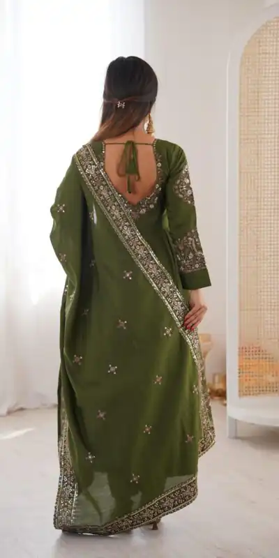 ZF 5016 Mehendi Roman Silk Gown with Embroidery Work. Wedding, Party, Festive, Events, Navratri, Exclusive Offer ₹2499. Delivery 4-6 Working Days. Shop now. | Gowns, Bollywood Gowns, Creative Gowns, Designer Gowns, Embroidered Gowns, Party Wear Gowns