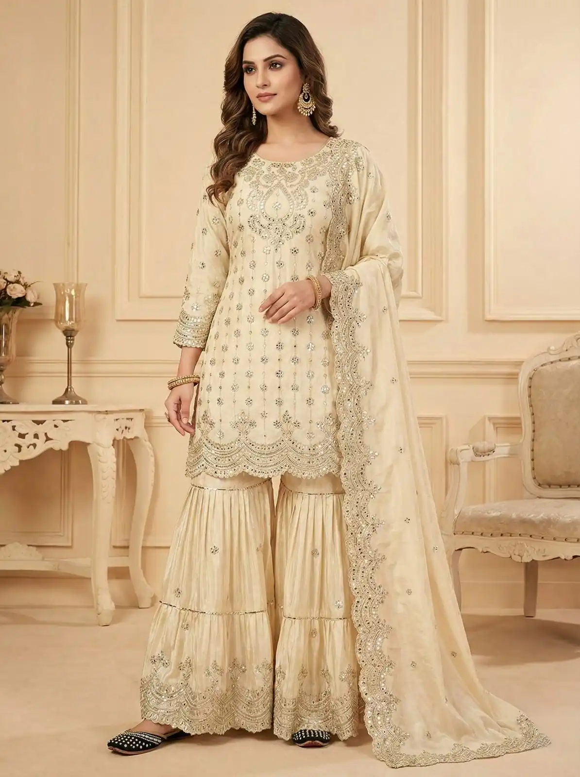 Off White Chinon Silk Sequence Work Salwar Suit - Image 6