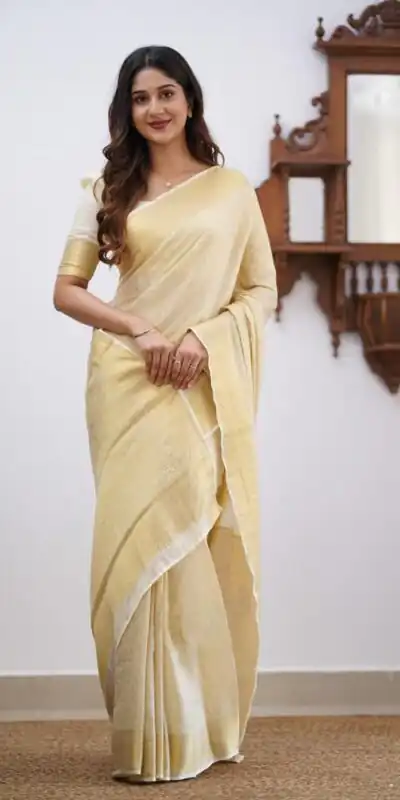 Off White Lichi Silk Border Jacquard Work Saree