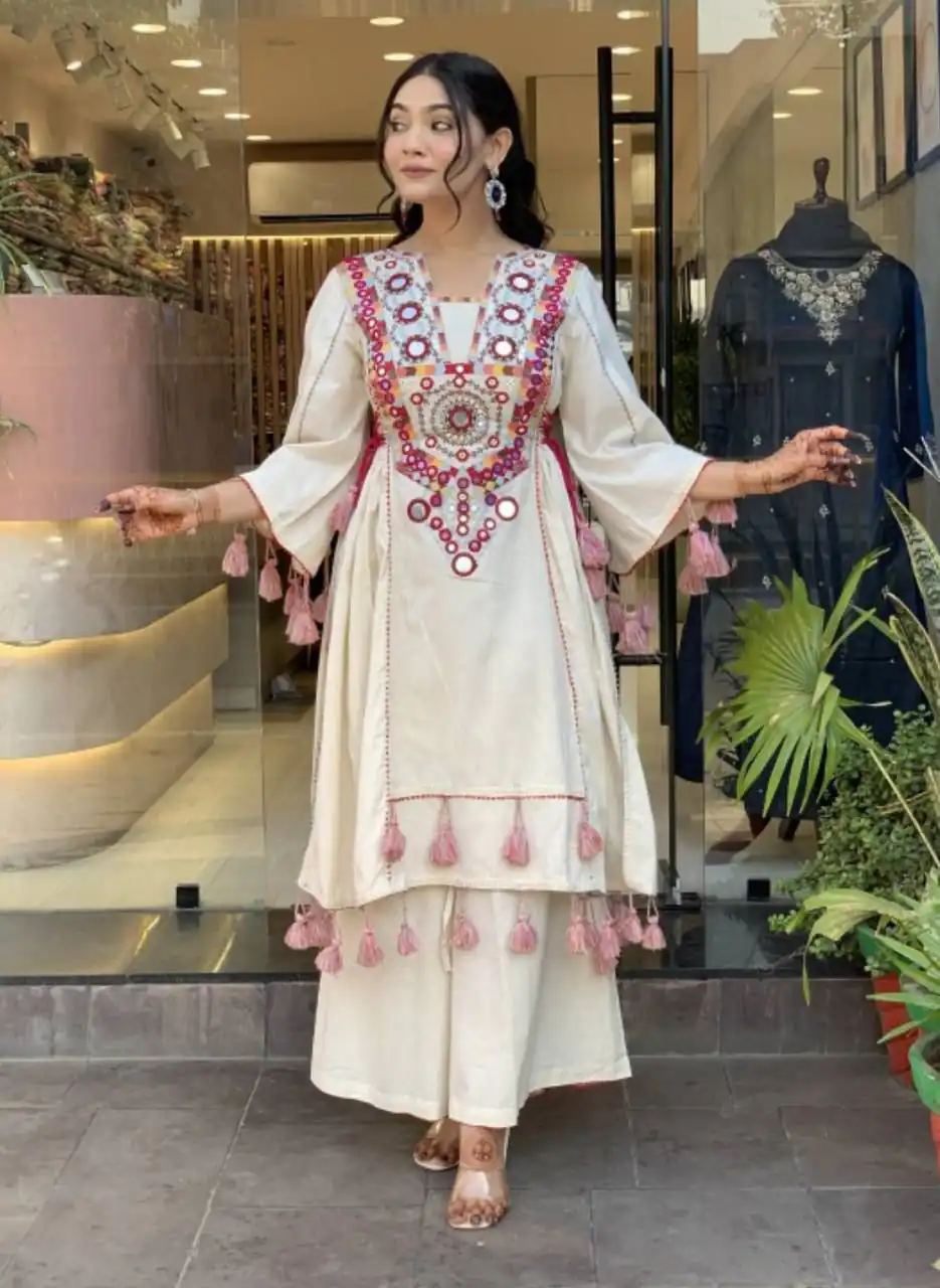MF 912 Off White in Rayon Cotton Embroidery & Mirror Work Salwar Suit . Introductory Price ₹1899. Delivery 4-6 Working Days. Shop now. | Jump Suits, Salwar suit, Casual Suits, Creative suits, Designer Suits, Palazzo Suits, Party Wear Suits, Patiala Suits, Straight Suits