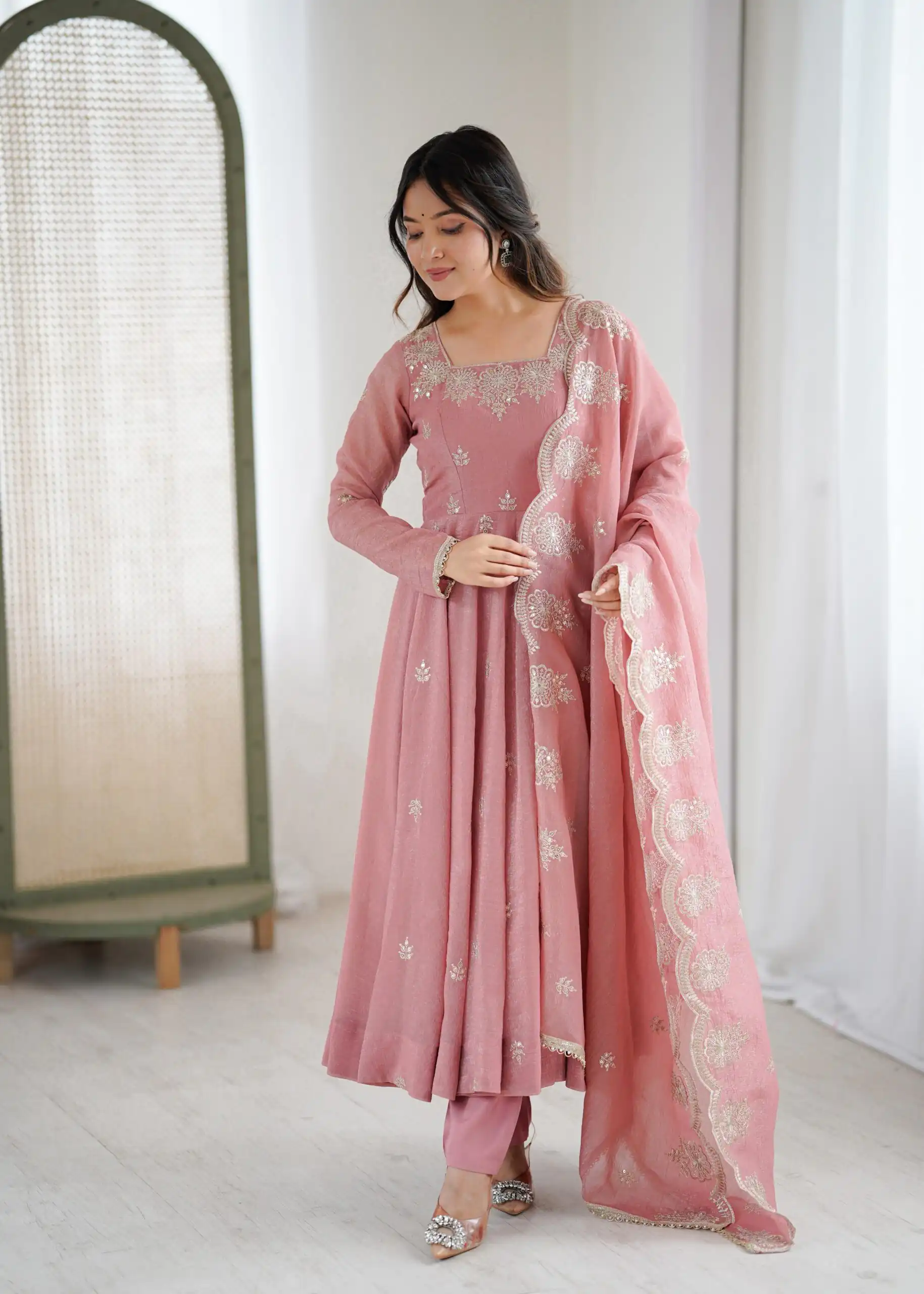 Onion Crunchy Silk Embroidery Work Gown - Image 3