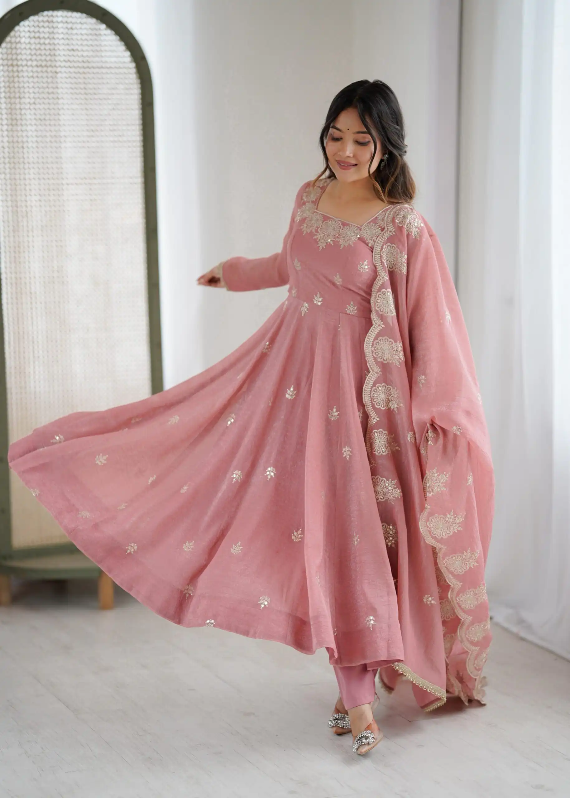 Onion Crunchy Silk Embroidery Work Gown - Image 5