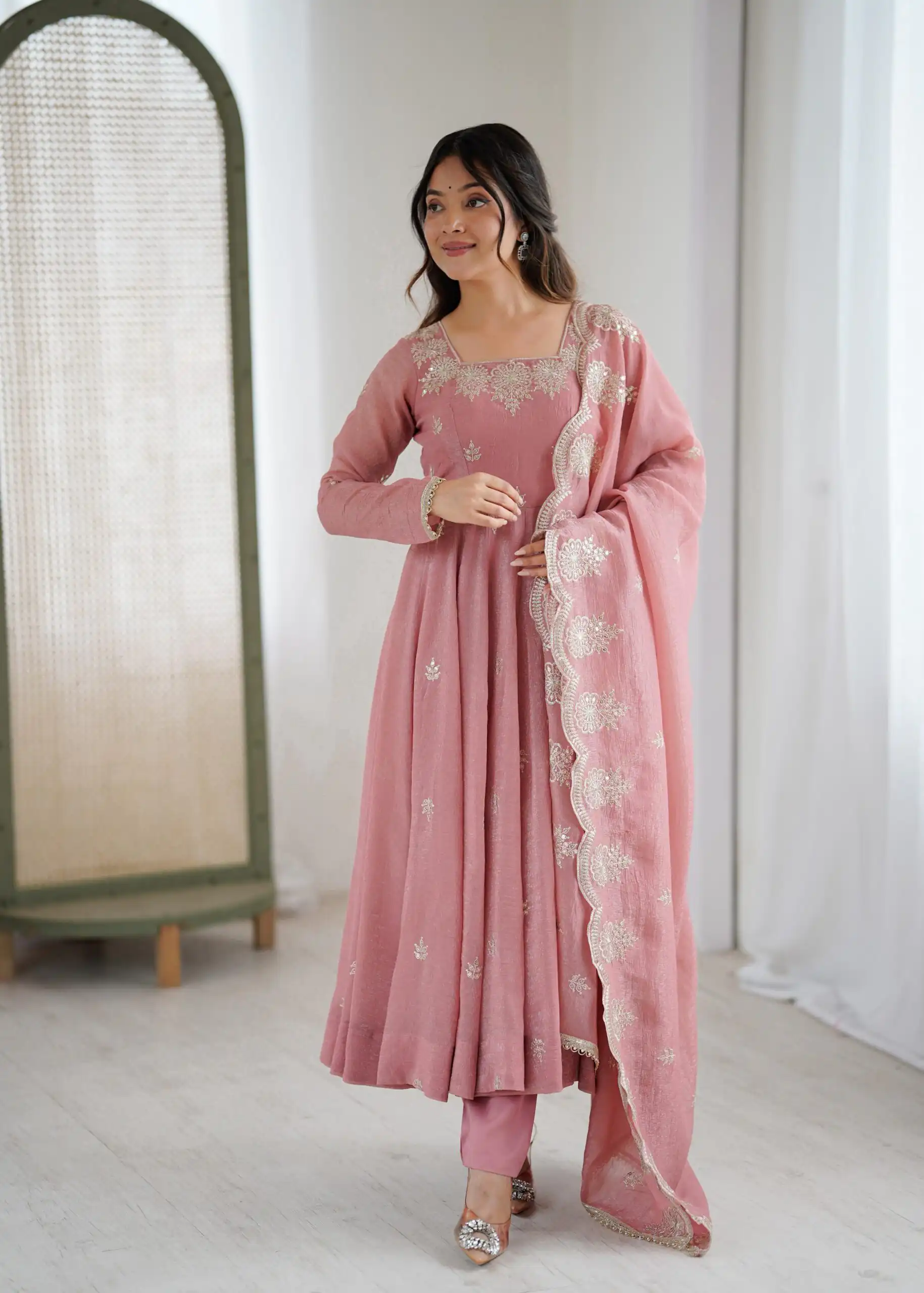 Onion Crunchy Silk Embroidery Work Gown - Image 9