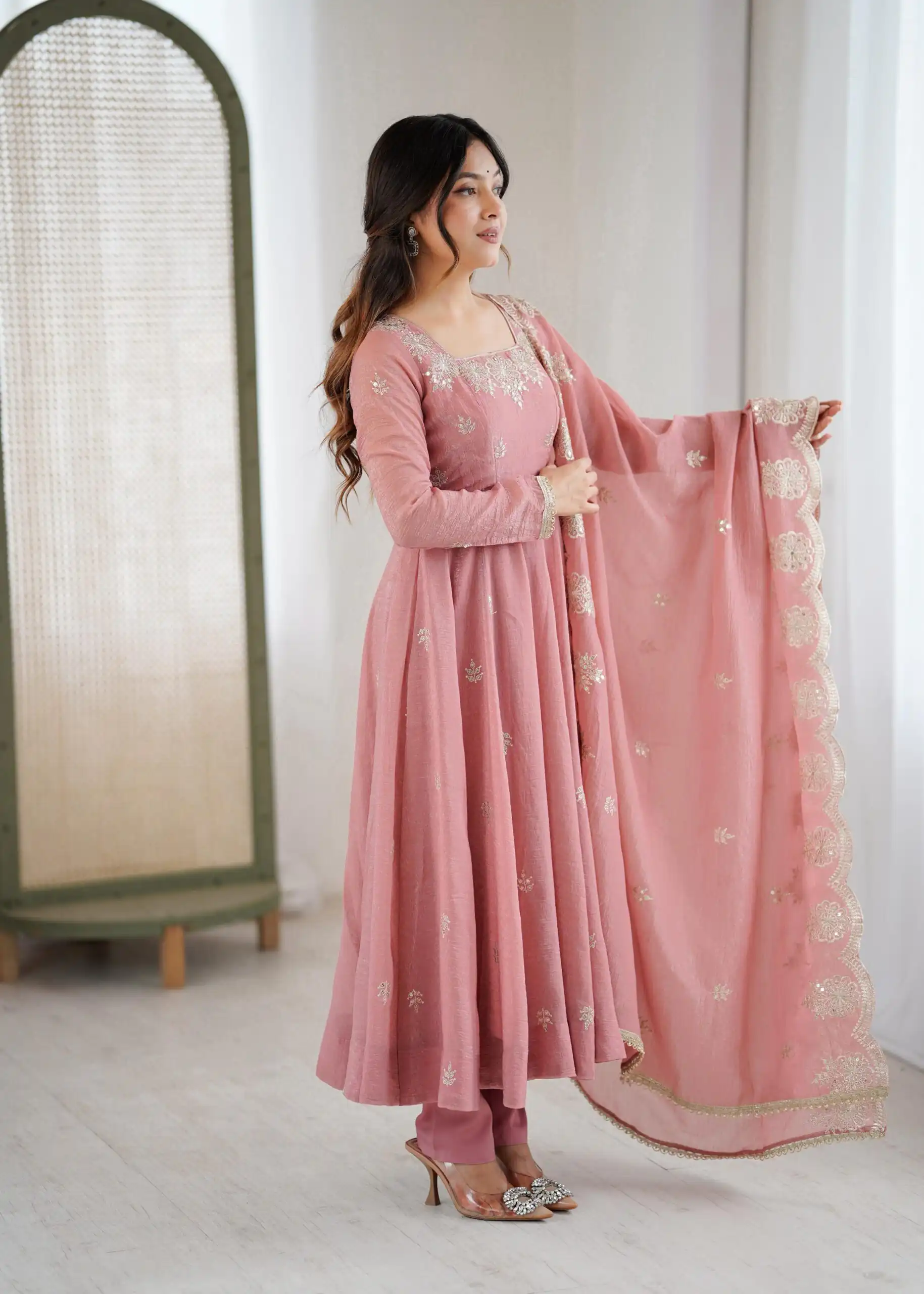Onion Crunchy Silk Embroidery Work Gown - Image 11