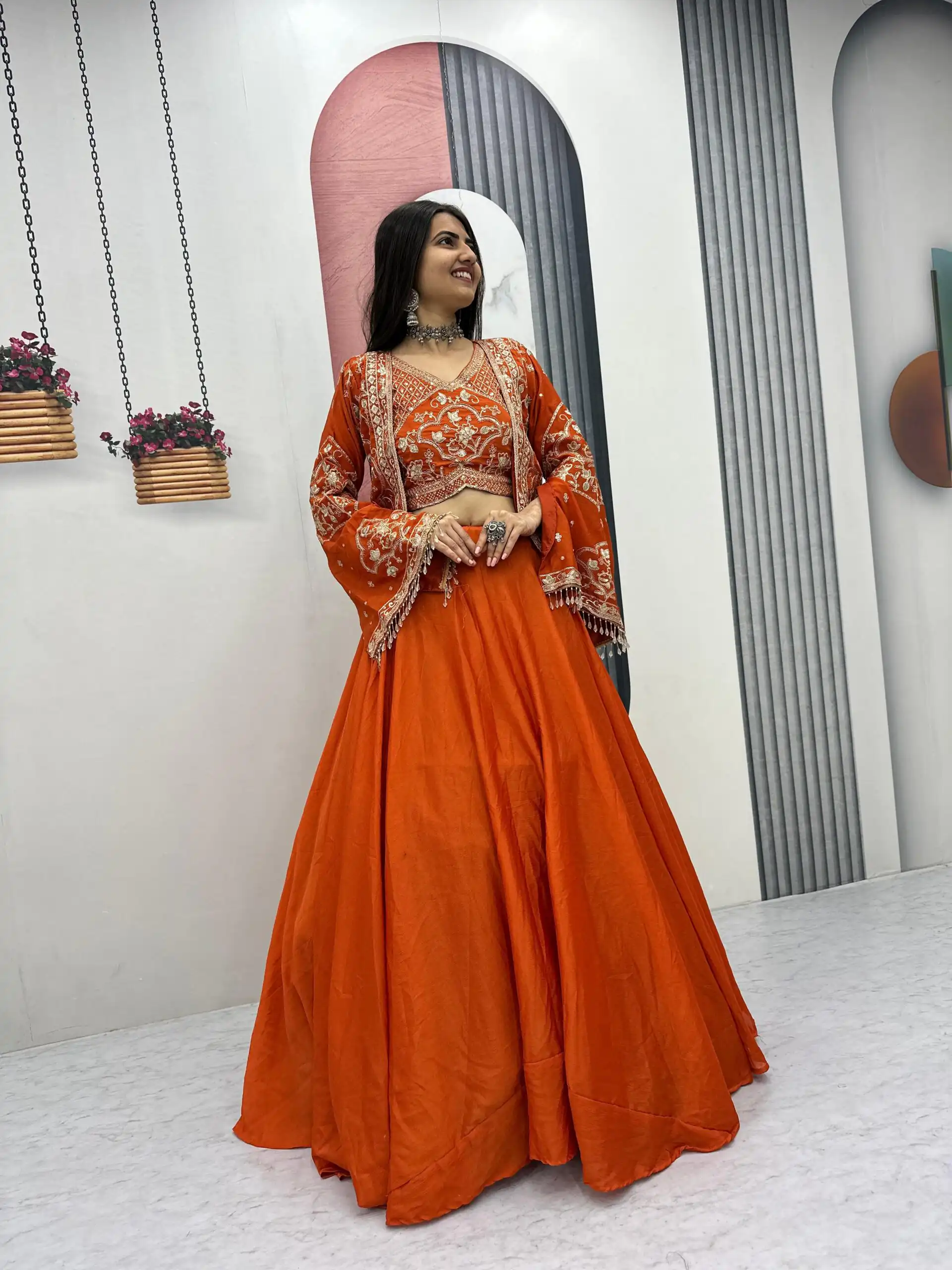 PC 565 Orange Color Chinon silk Lehenga Choli with Cut Work. Special Online Price ₹3049. Delivery 4-6 Working Days. Shop now. | Lehenga, Bollywood Lehenga, Creative Lehenga, Designer Lehenga, Embroidered Lehenga, Party Wear Lehenga