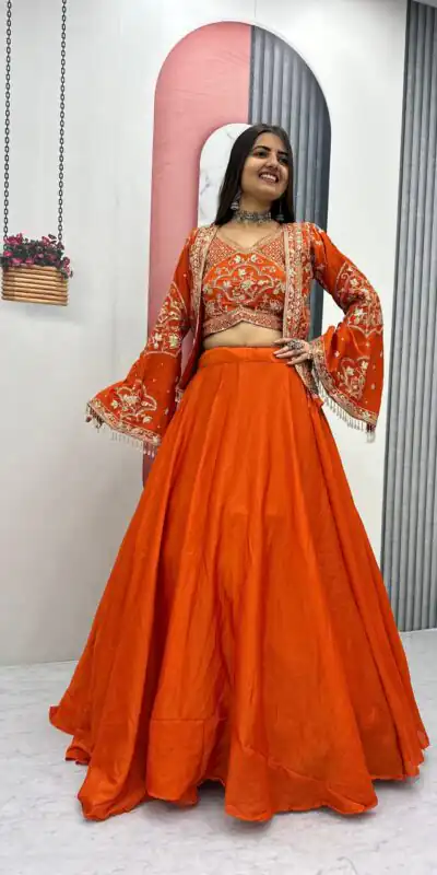 PC 565 Orange Color Chinon silk Lehenga Choli with Cut Work. Special Online Price ₹3049. Delivery 4-6 Working Days. Shop now. | Lehenga, Bollywood Lehenga, Creative Lehenga, Designer Lehenga, Embroidered Lehenga, Party Wear Lehenga