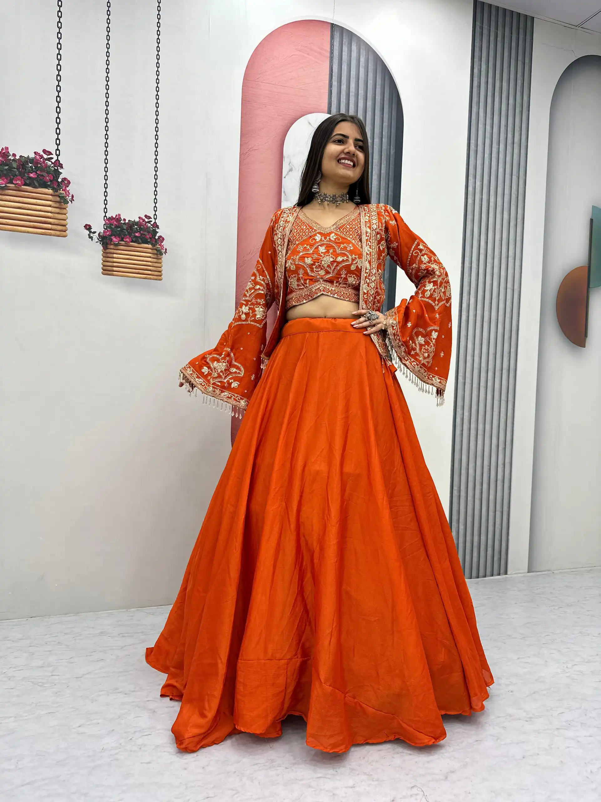 PC 565 Orange Color Chinon silk Lehenga Choli with Cut Work. Special Online Price ₹3049. Delivery 4-6 Working Days. Shop now. | Lehenga, Bollywood Lehenga, Creative Lehenga, Designer Lehenga, Embroidered Lehenga, Party Wear Lehenga