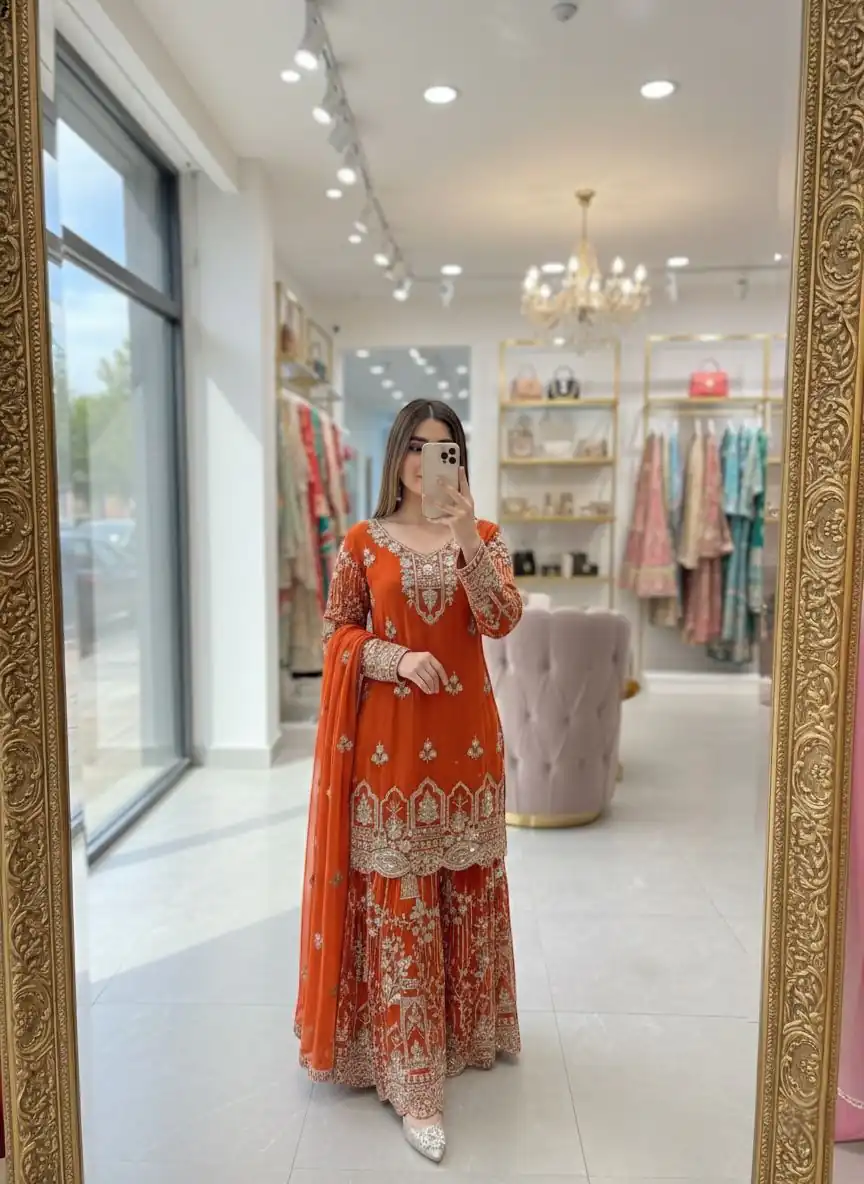 Orange Faux Georgette 5 mm Sequence Work Salwar Suit