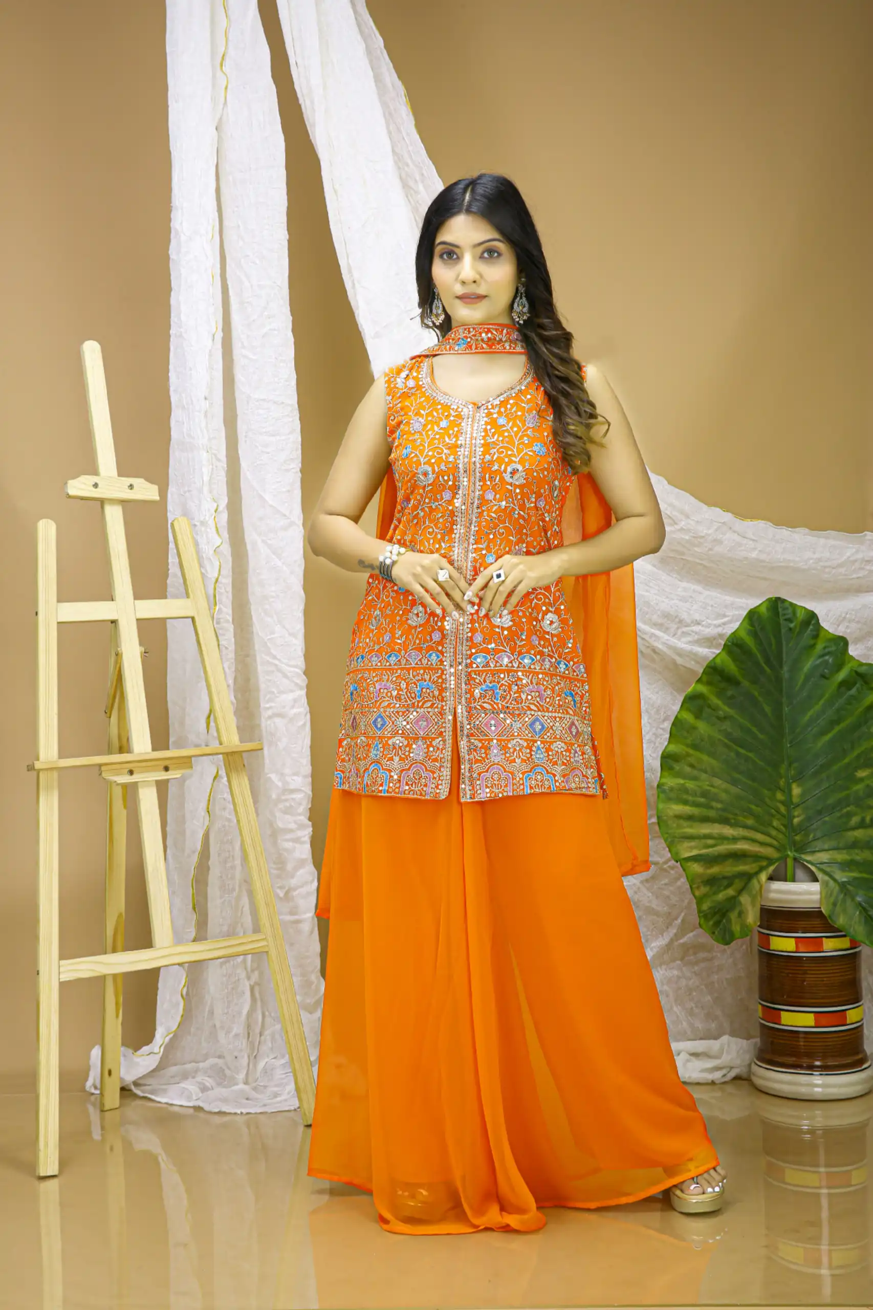 Orange Georgette Embroidery Work Salwar Suit