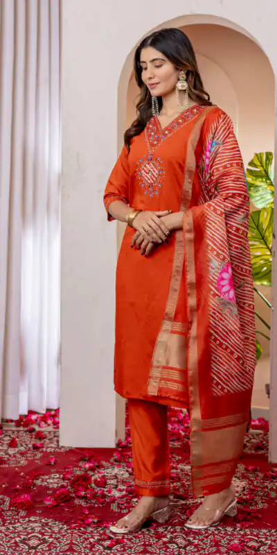 DIVA 112 Orange Marina Silk Salwar Suit with Embroidery Work. Introductory Price ₹1999. Delivery 4-6 Working Days. Shop now. | Jump Suits, Salwar suit, Casual Suits, Creative suits, Designer Suits, Palazzo Suits, Party Wear Suits, Patiala Suits, Straight Suits