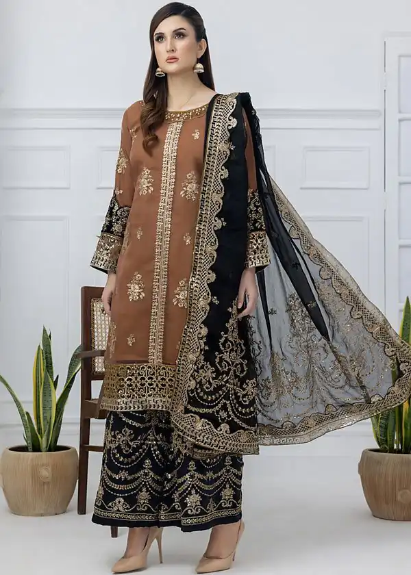 Orange Nylon Twil Net Embroidery Work Salwar Suit - Image 2