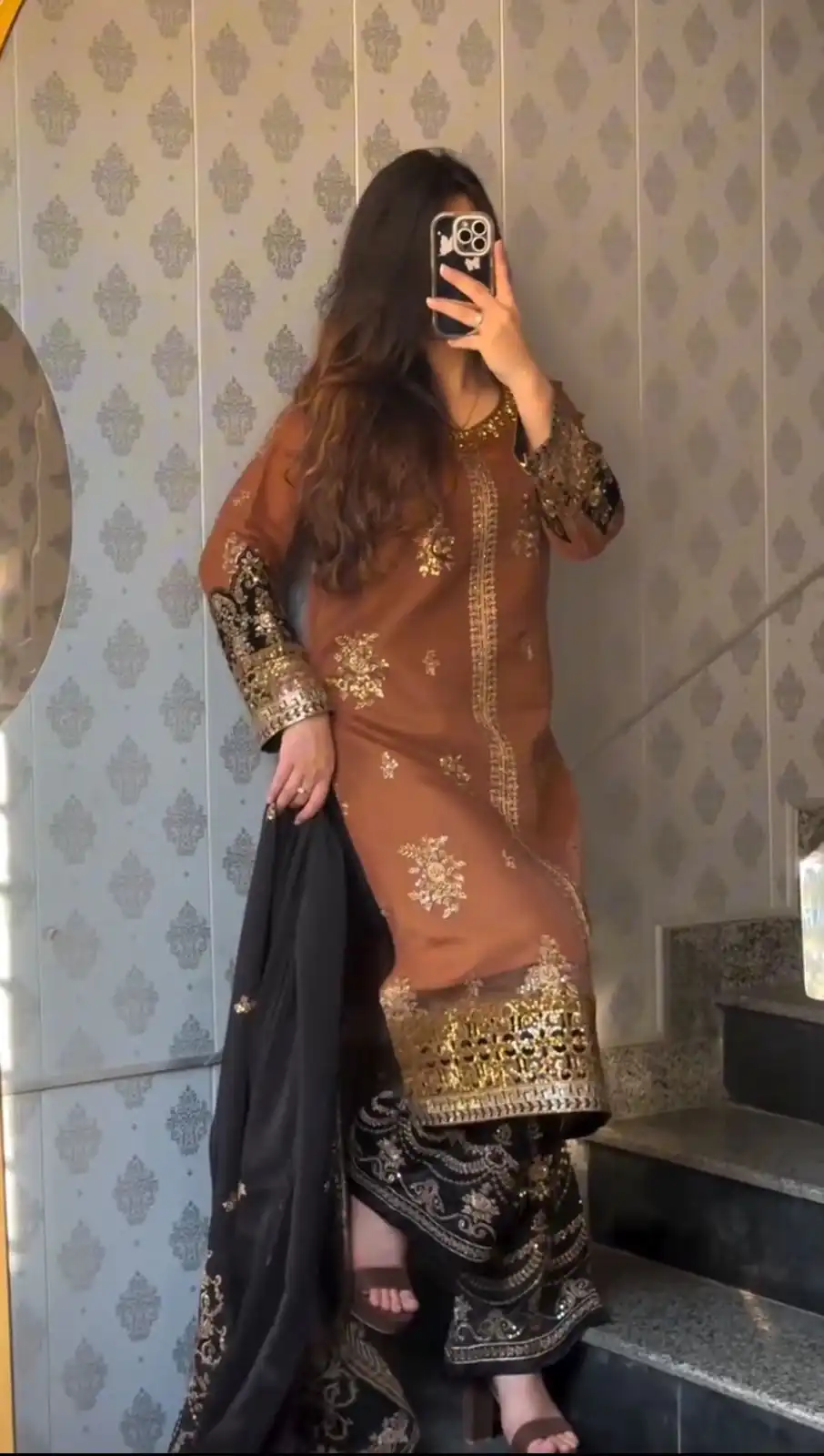 Orange Nylon Twil Net Embroidery Work Salwar Suit - Image 5