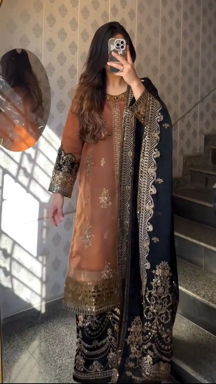 Orange Nylon Twil Net Embroidery Work Salwar Suit - Image 6