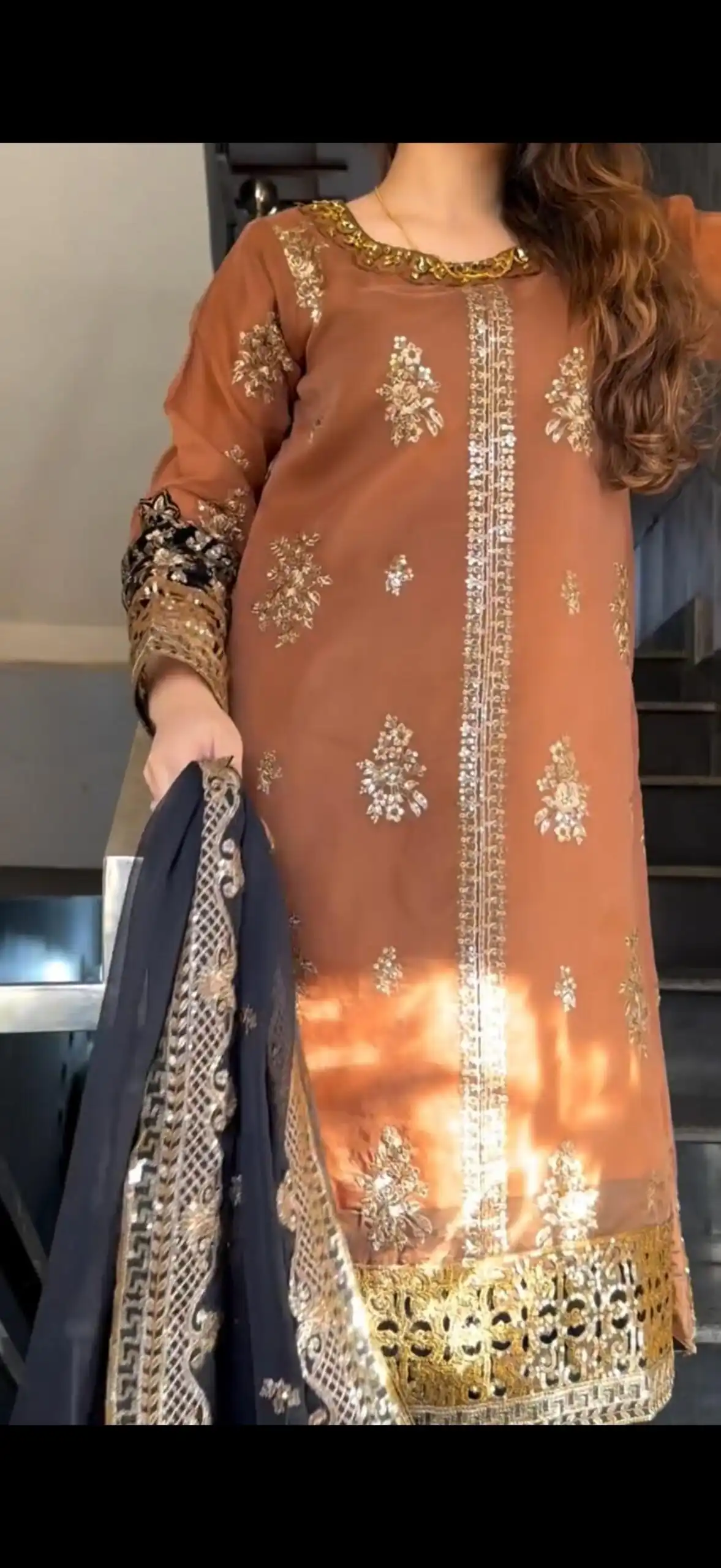 Orange Nylon Twil Net Embroidery Work Salwar Suit - Image 10