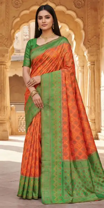 MB 6088 Orange Color Lace Work & Zari Work Sareein Pochampalli Silk. Best Price ₹2049. Delivery 4-6 Working Days. Shop now. | Designer Sarees, Sarees, Bollywood Sarees, Creative Sarees, Embroidered Sarees, Ethnic Saree, Modern Digital sarees, Party Wear Sarees