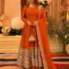ZSR 3152 Orange Color Roman silk Gown with Embroidery Work & Lace Work. Grab it for ₹2599. Delivery 4-6 Working Days. Shop now. | Gowns, Bollywood Gowns, Creative Gowns, Designer Gowns, Embroidered Gowns, Party Wear Gowns