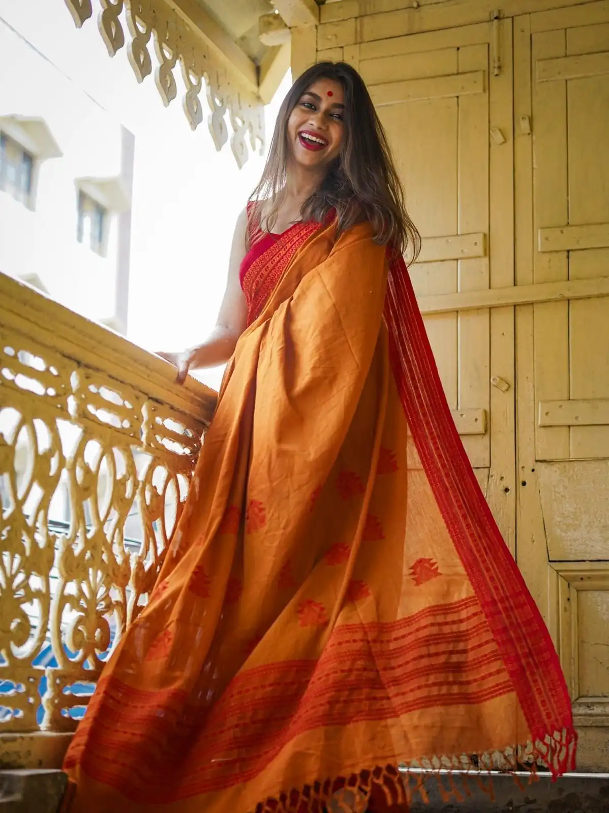 Orange Soft Lilan Slab All Over Weaving Work Saree - Image 7