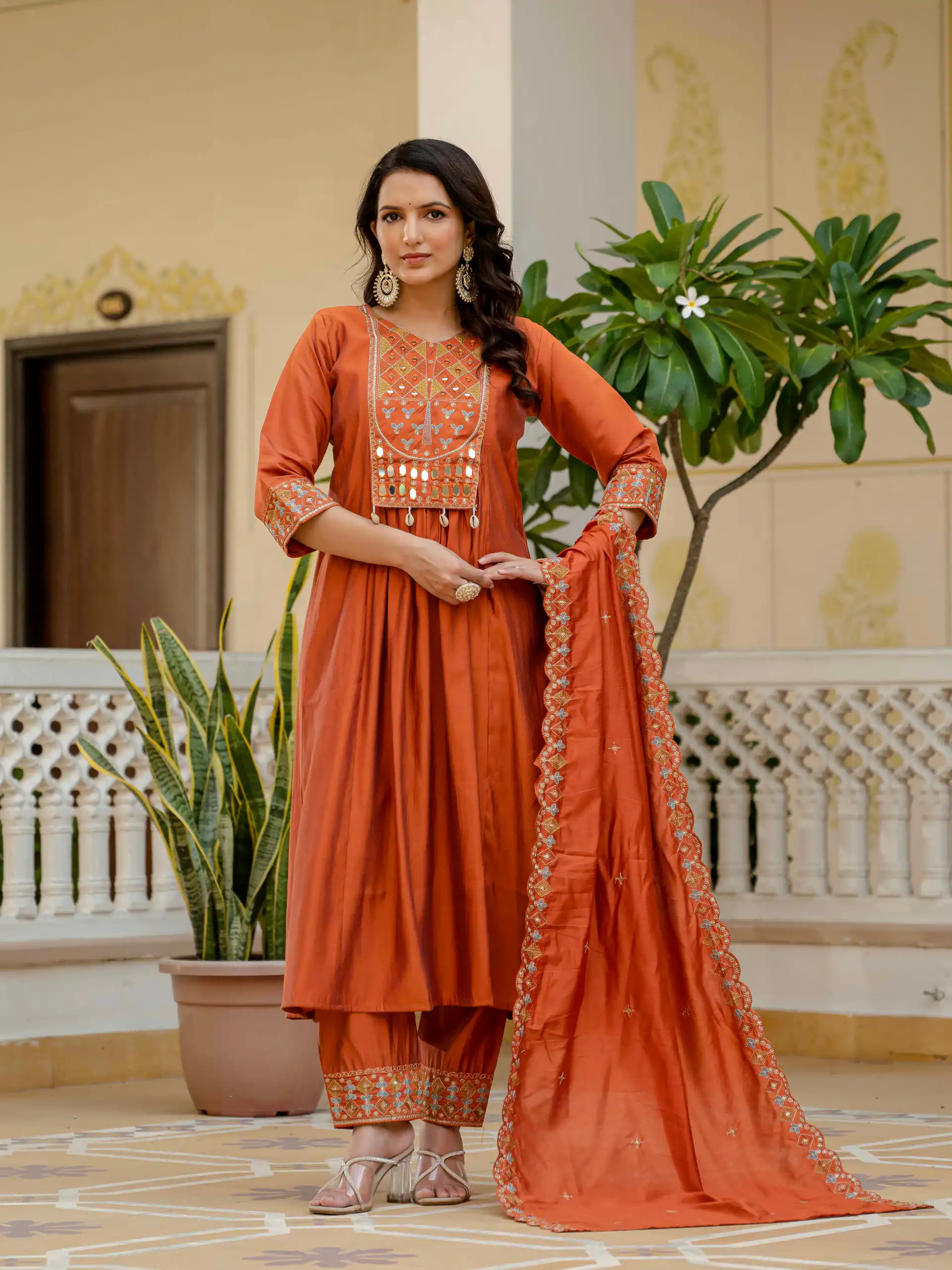 Orange Viscose Roman Silk Mirror Work Anarkali Suit
