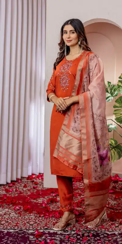 DIVA 111 Orange Viscose Silk Salwar Suit with Thread Embroidery Work. Best Price ₹2049. Delivery 4-6 Working Days. Shop now. | Jump Suits, Salwar suit, Casual Suits, Creative suits, Designer Suits, Palazzo Suits, Party Wear Suits, Patiala Suits, Straight Suits