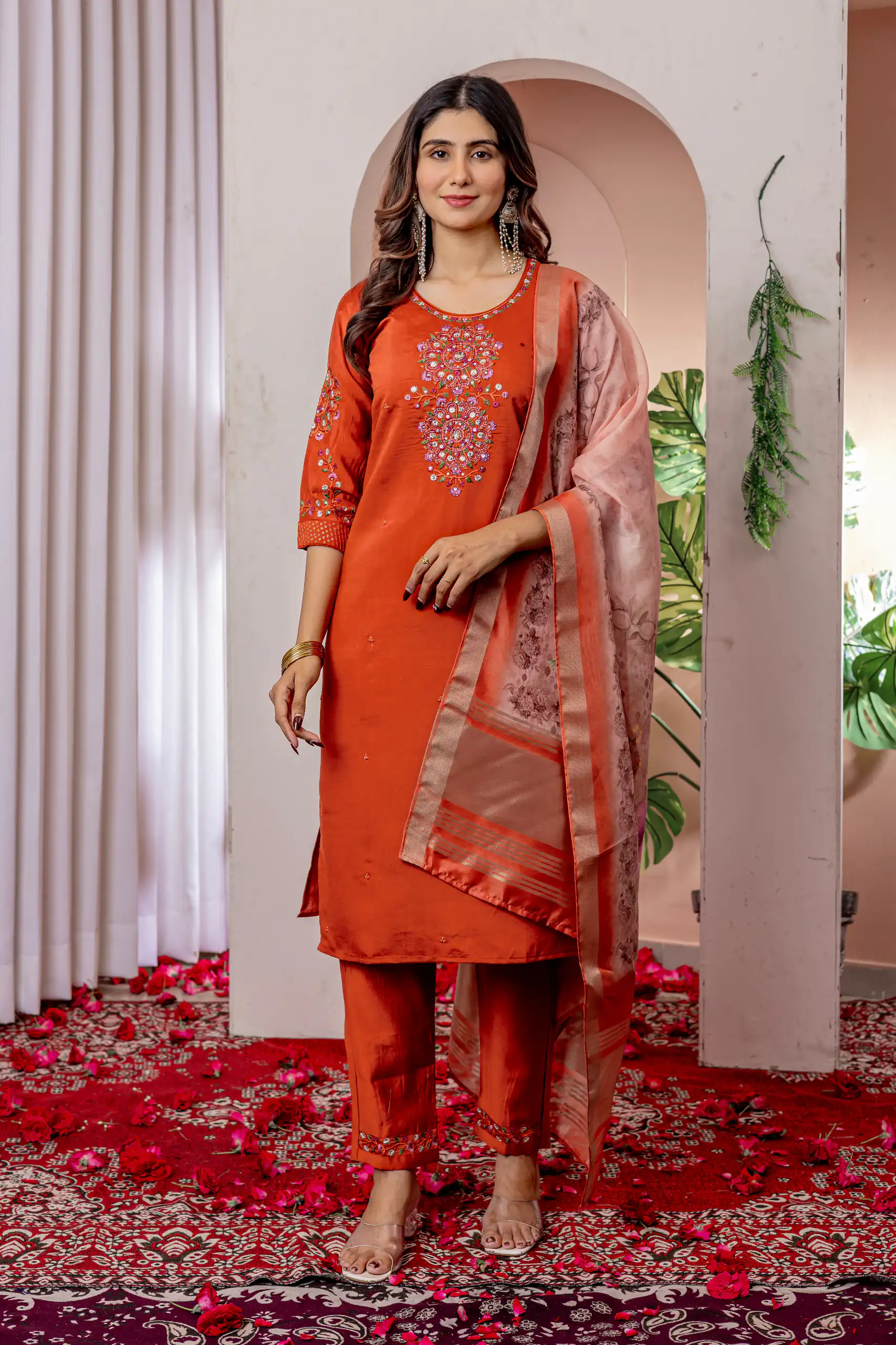 DIVA 111 Orange Viscose Silk Salwar Suit with Thread Embroidery Work. Best Price ₹2049. Delivery 4-6 Working Days. Shop now. | Jump Suits, Salwar suit, Casual Suits, Creative suits, Designer Suits, Palazzo Suits, Party Wear Suits, Patiala Suits, Straight Suits