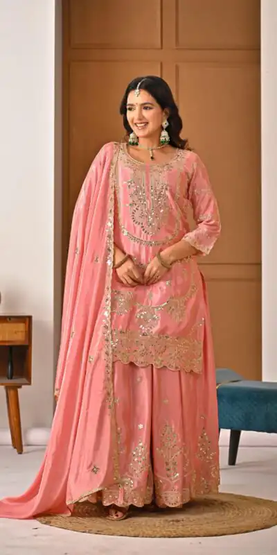 ND 5033 Peach Chinon Silk Salwar Suit with Embroidery Work & Lace Work. Affordable Price ₹2149. Delivery 4-6 Working Days. Shop now. | Jump Suits, Salwar suit, Casual Suits, Creative suits, Designer Suits, Palazzo Suits, Party Wear Suits, Patiala Suits, Straight Suits